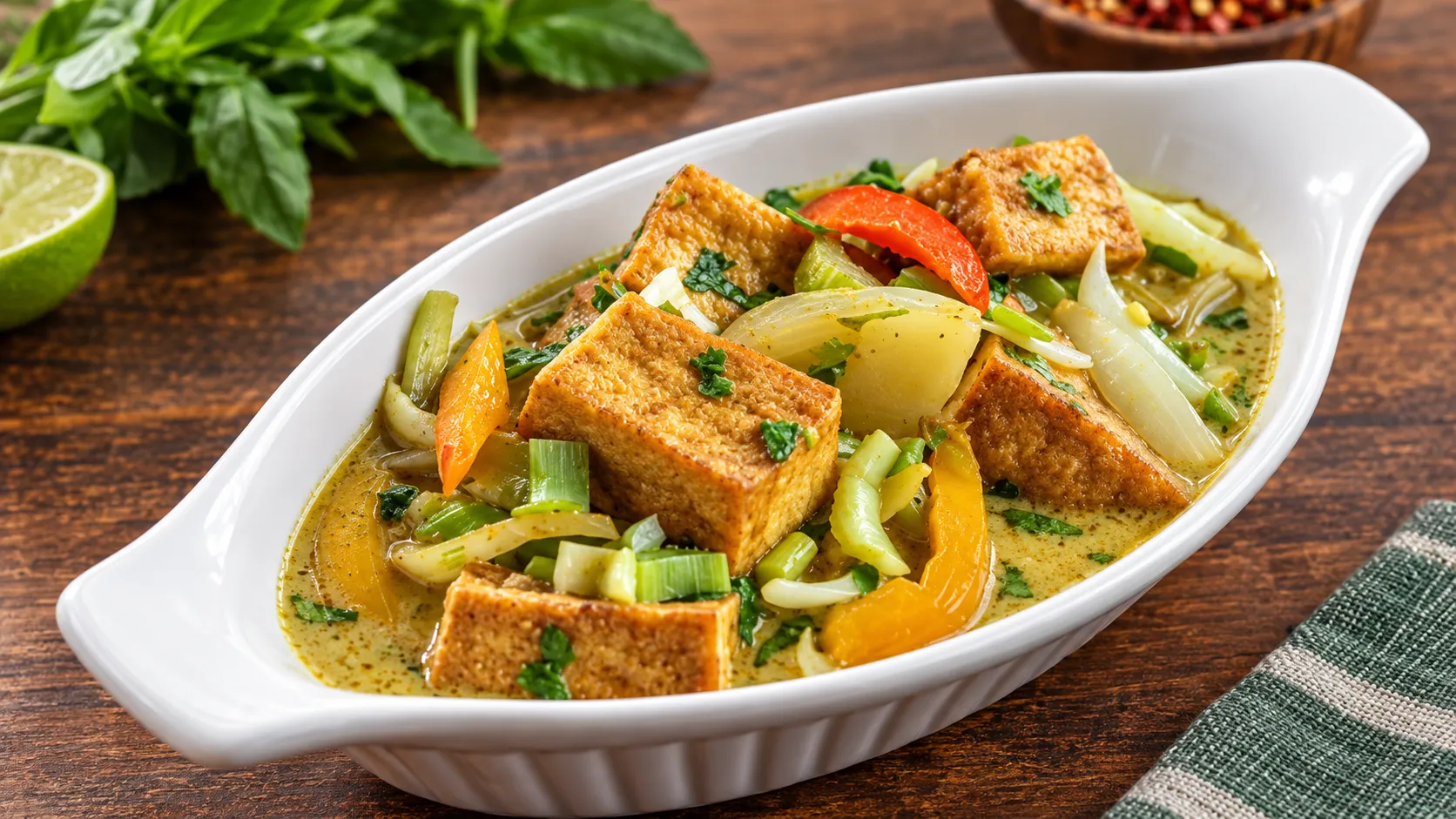 Bangkok curry tofu, a vegetarian Thai curry served in Winnipeg, MB